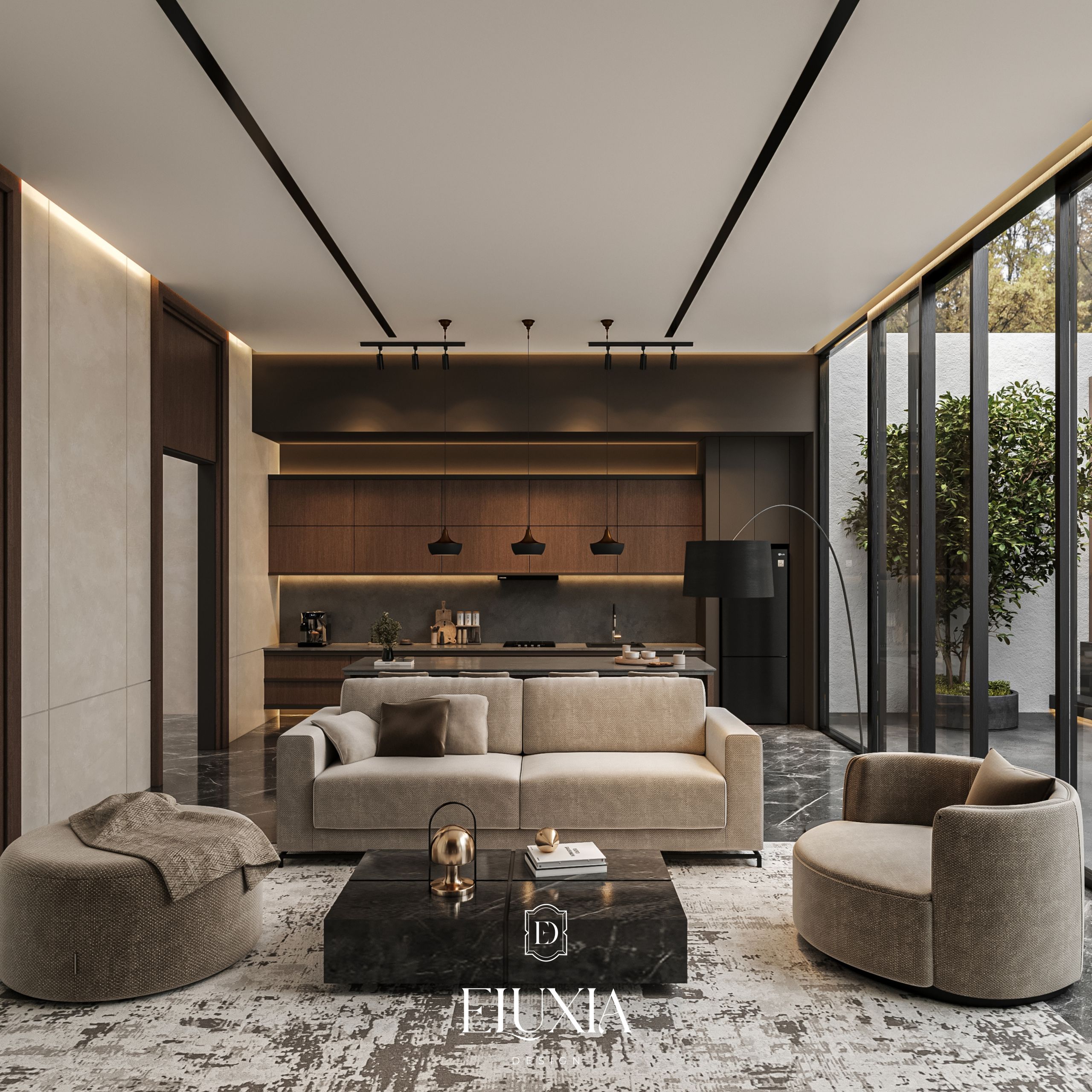 KSR Project Modern Elegant Open Space Living Room - Eluxia Design