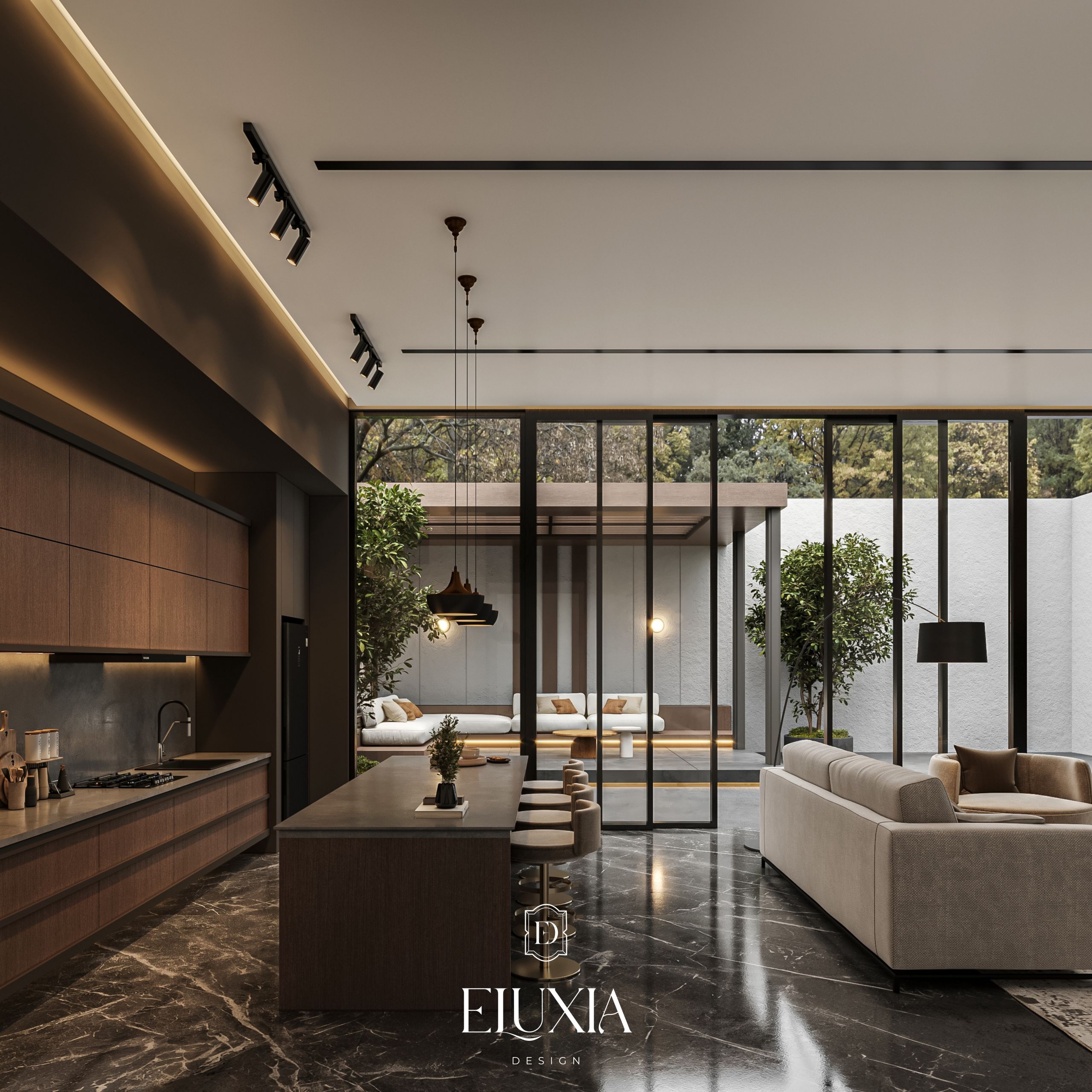 KSR Project Modern Elegant Open Space Living Room - Eluxia Design